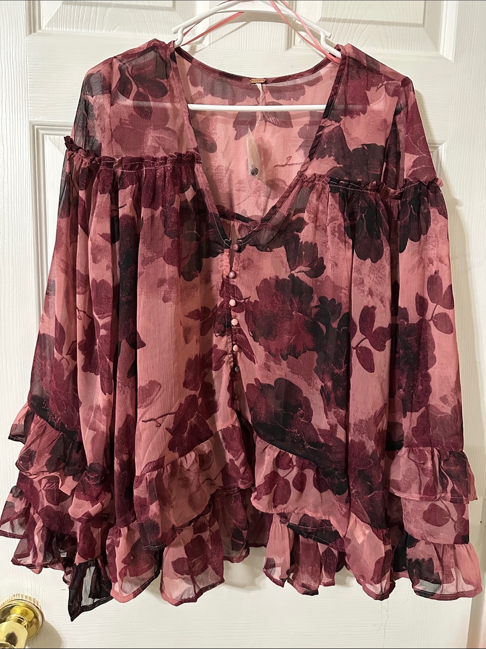Free People Rose Burgundy Floral Sheer Ruffle Blouse